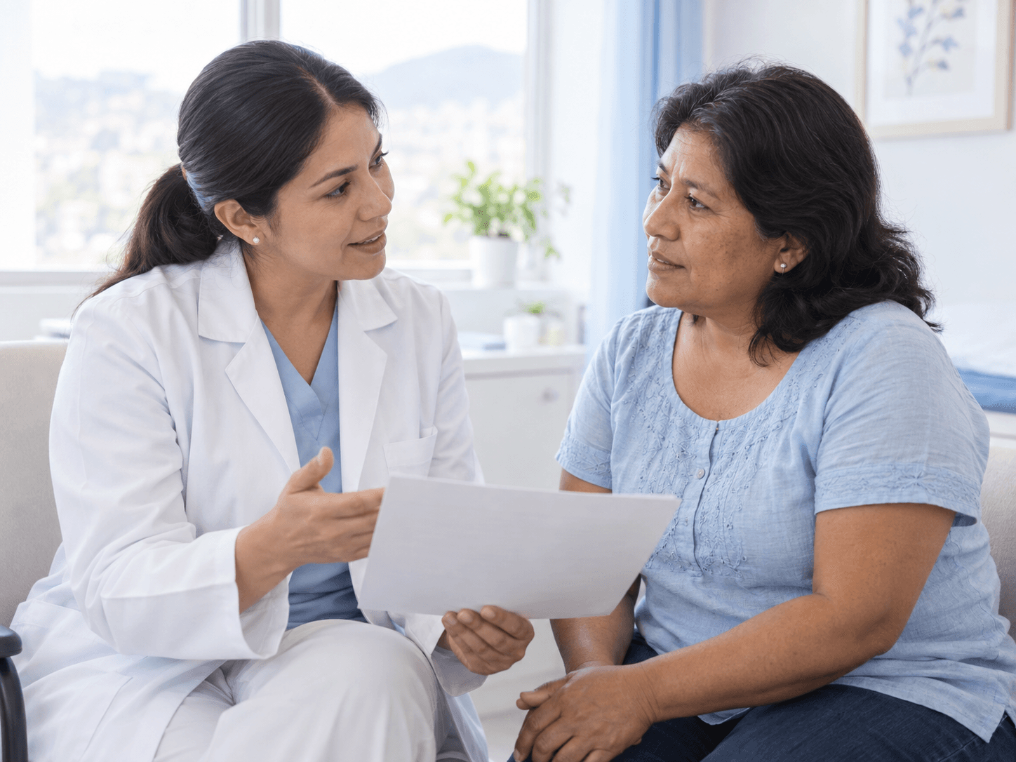 Imagen ilustrativa de una profesional de salud acompañando a una paciente mientras revisan un informe