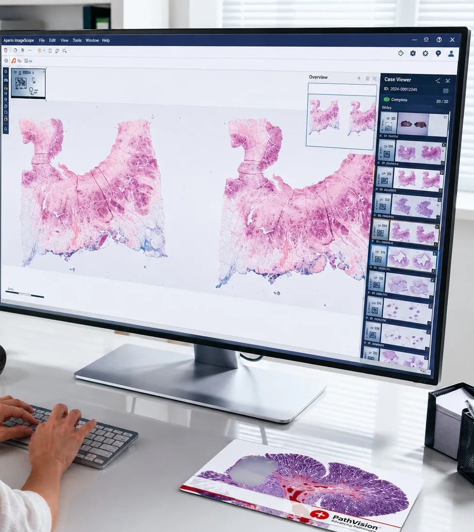 Especialista revisando una lámina digital y un informe anatomopatológico en monitores